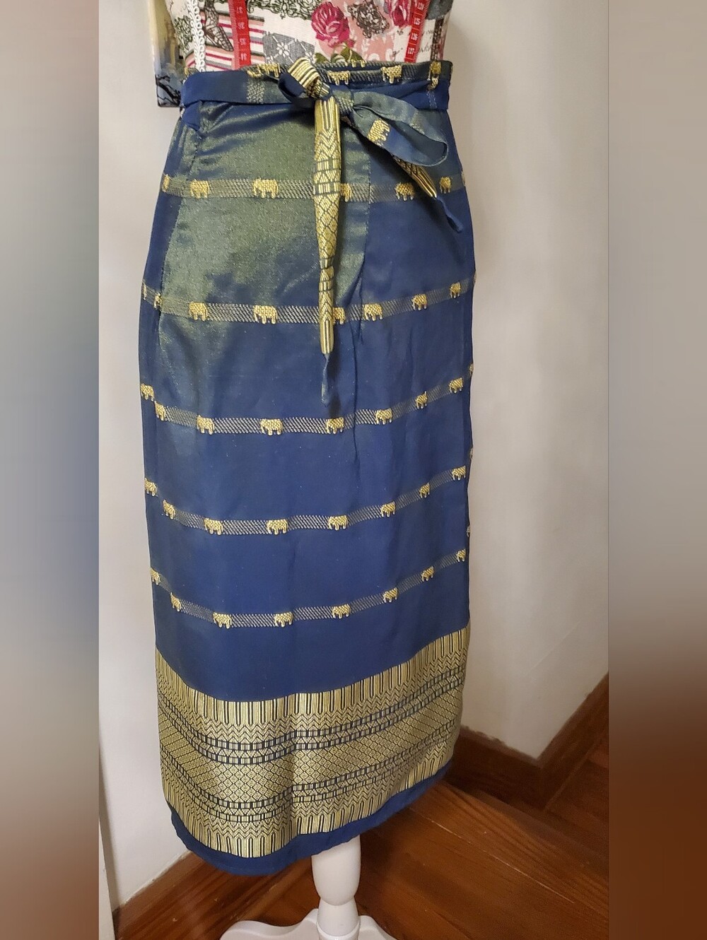 Teal and Gold Silk Midi Wrap Skirt with Elephant Motif